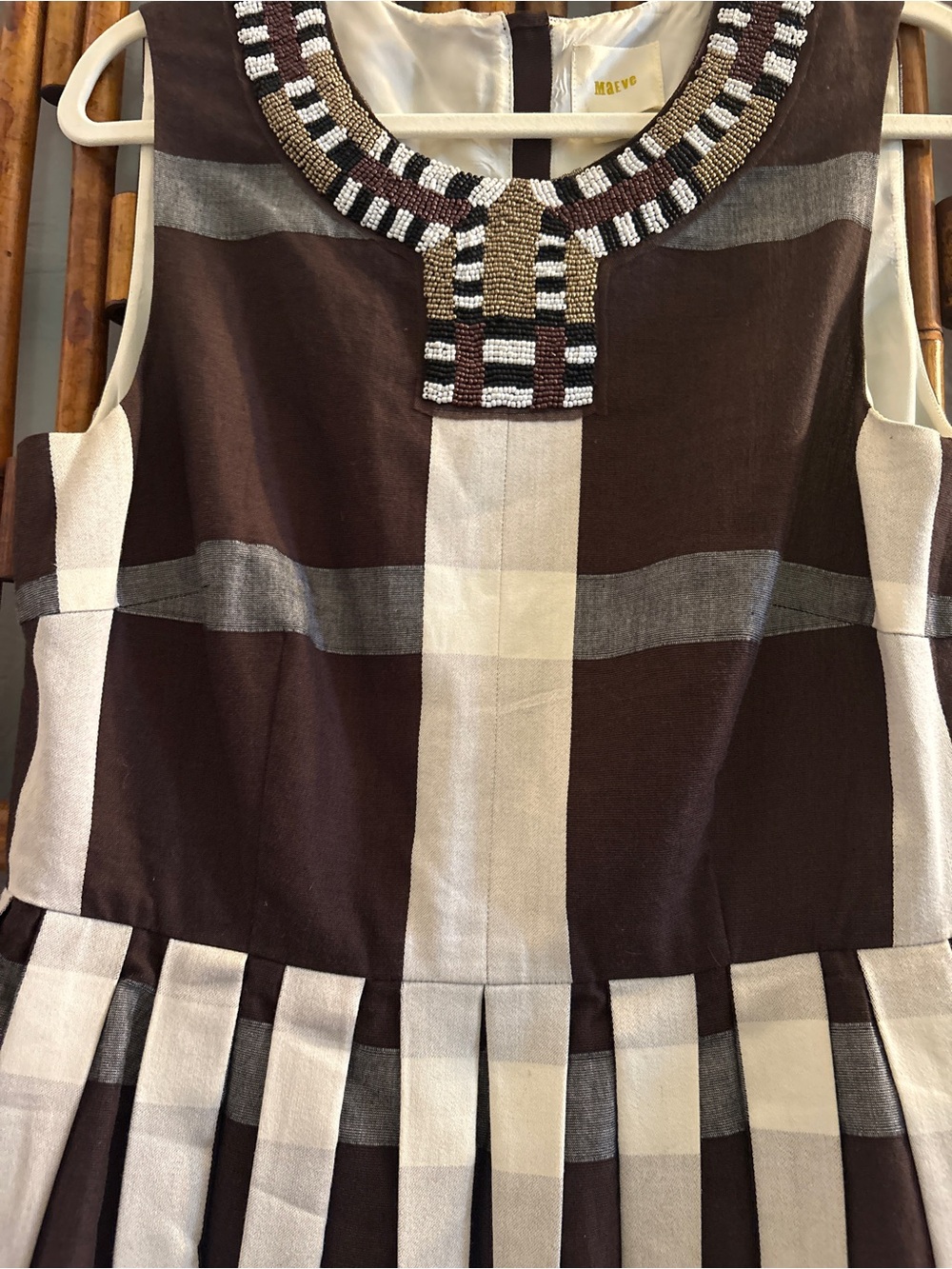 SZ 12 MAEVE ANTHROPOLOGY BEADED COTTON BROWN GINGHAM CHECKERED PLEATED DRESS - Picture 5 of 14